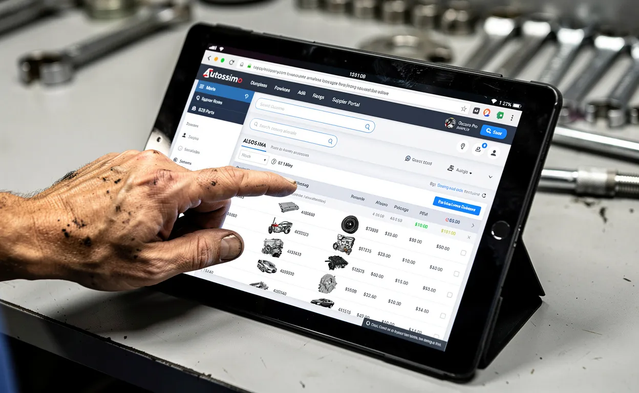 Un mécanicien utilise une tablette affichant plusieurs onglets de plateformes B2B de pièces automobiles dans un atelier bien rangé.