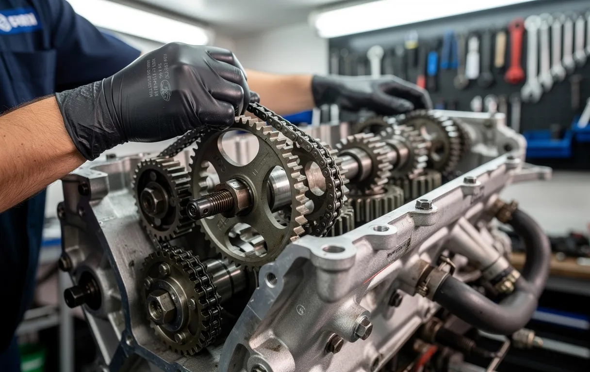 Un mécanicien ganté installe une chaîne de distribution neuve sur un moteur 1.6 HDI dans un atelier lumineux, entouré de pièces métalliques brillantes.