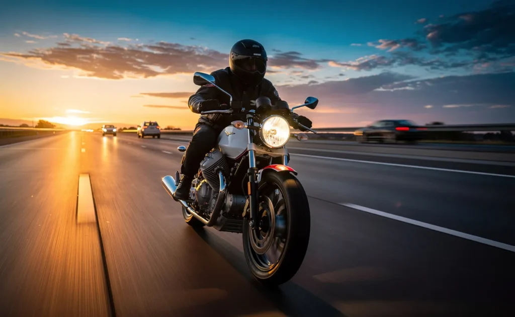 Une Moto Guzzi V7 roule sur une large route au crépuscule, ses phares éclairant la chaussée tandis que des voitures lointaines s'estompent à l'horizon.