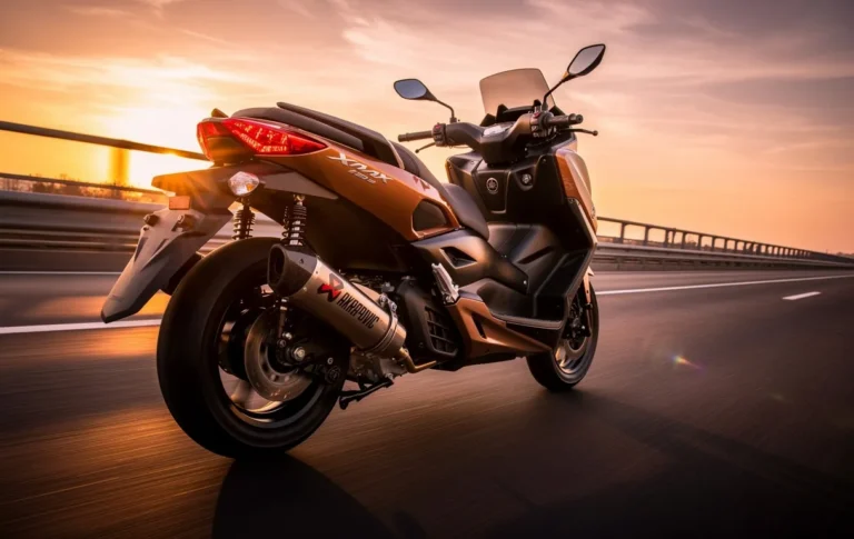 Un scooter Yamaha Xmax 125 avec pot Akrapovic roule rapidement sur une autoroute au coucher du soleil, phares arrière allumés et effets de mouvement.