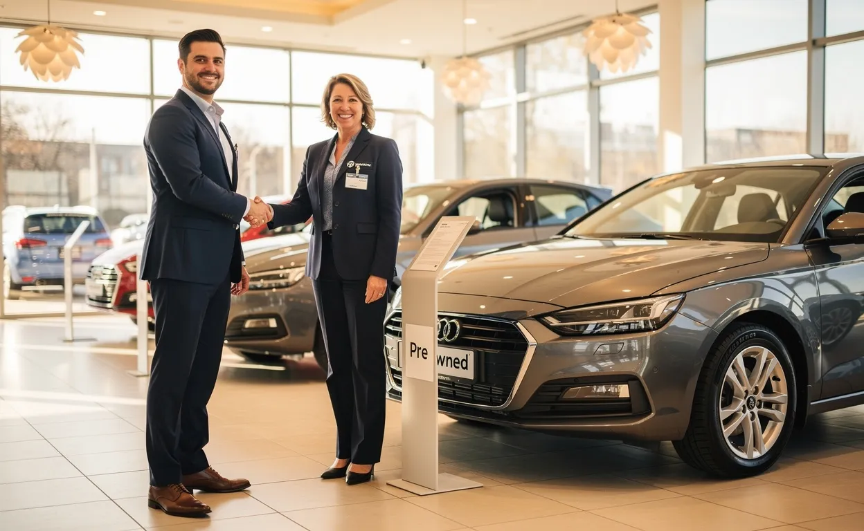 Un homme élégant serre la main d’un concessionnaire près d’une voiture d’occasion dans un showroom lumineux.