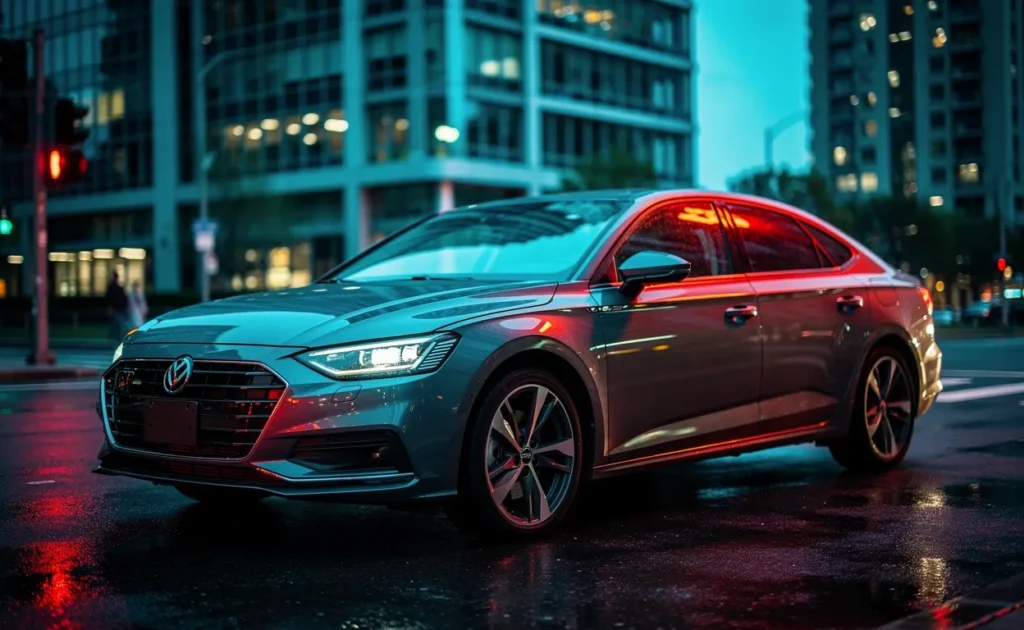 Une voiture moderne immobile à un feu rouge tremble légèrement sous les lumières froides de la ville en soirée.