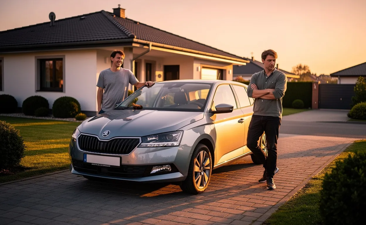 Une Skoda Fabia moderne est garée dans une allée en banlieue au coucher du soleil, avec deux personnes debout à côté, l’une souriante et l’autre incertaine.