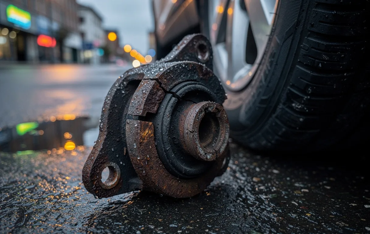 Un support d’amortisseur de voiture usé et fissuré repose près d’un pneu sur une chaussée mouillée éclairée par la pluie en soirée.