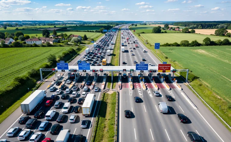 Vue aérienne d'une autoroute à péage française avec plusieurs voies occupées par des voitures et des camions, entourée de campagne verdoyante sous un ciel bleu.