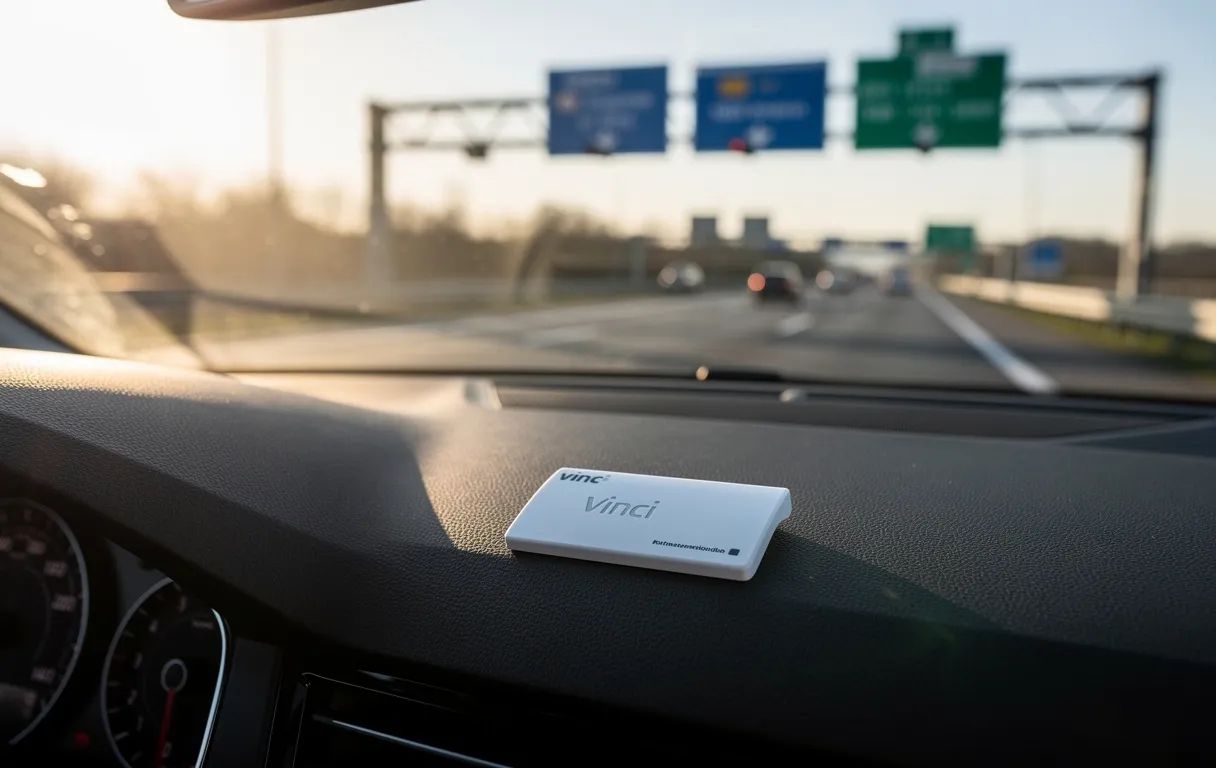 Un badge de péage Vinci repose sur un tableau de bord de voiture avec des panneaux autoroutiers européens flous et de la lumière du soleil à travers le pare-brise.