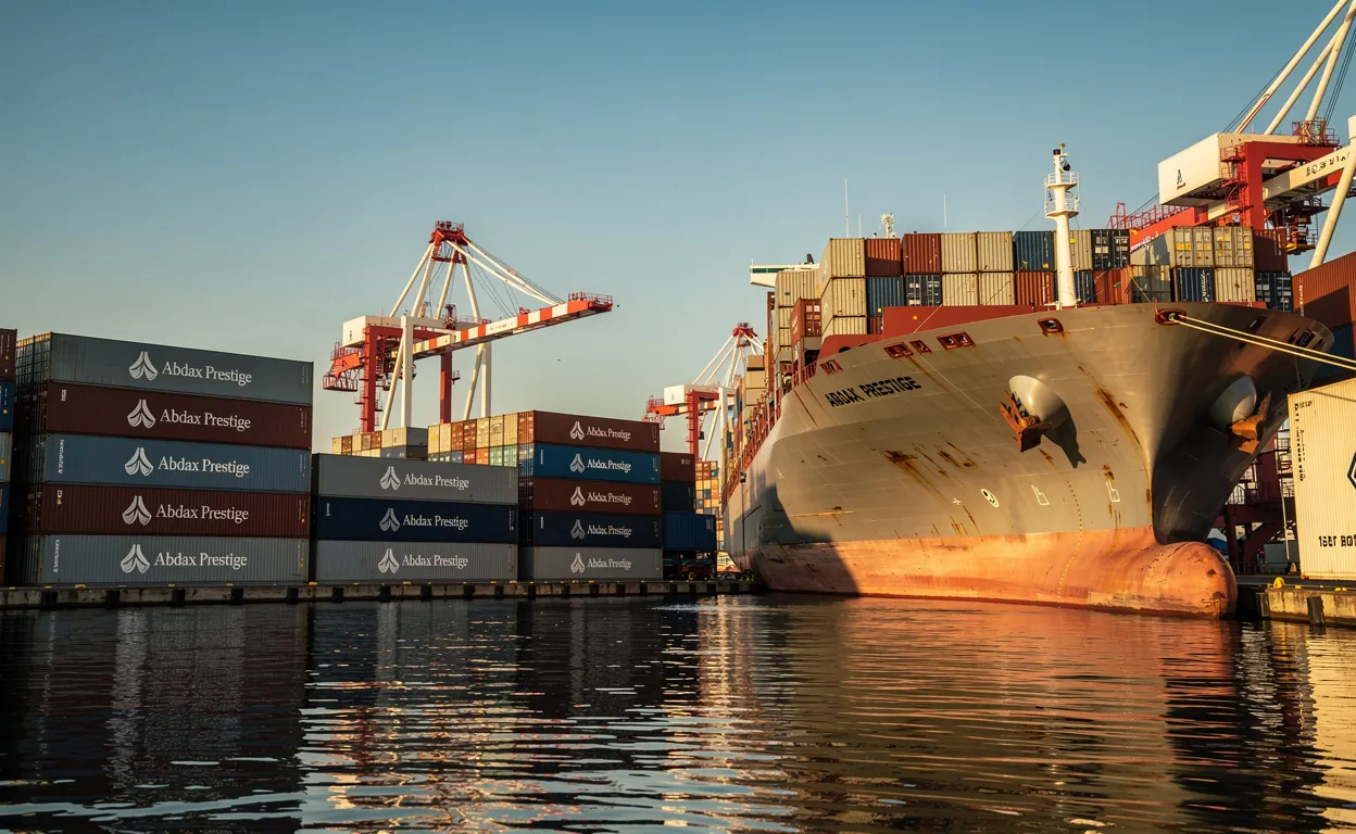 Un navire cargo moderne est amarré dans un port international, entouré de conteneurs Abdax Prestige sous un ciel bleu au coucher du soleil.