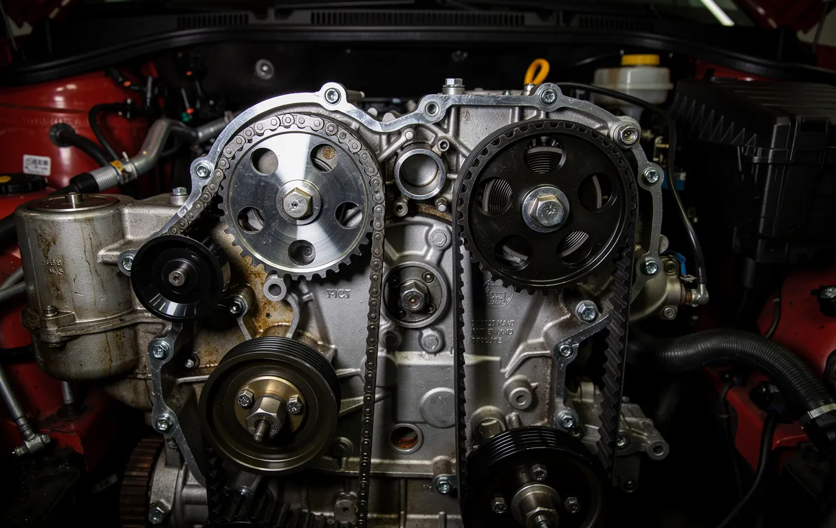 Gros plan sur le moteur ouvert d'une Volkswagen Polo 1.2 montrant côte à côte une chaîne de distribution brillante et une courroie neuve sous un éclairage d'atelier.