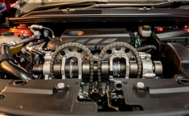Vue rapprochée du compartiment moteur d'une Renault Captur TCe 90 montrant côte à côte une chaîne et une courroie de distribution sous un éclairage d'atelier doux.