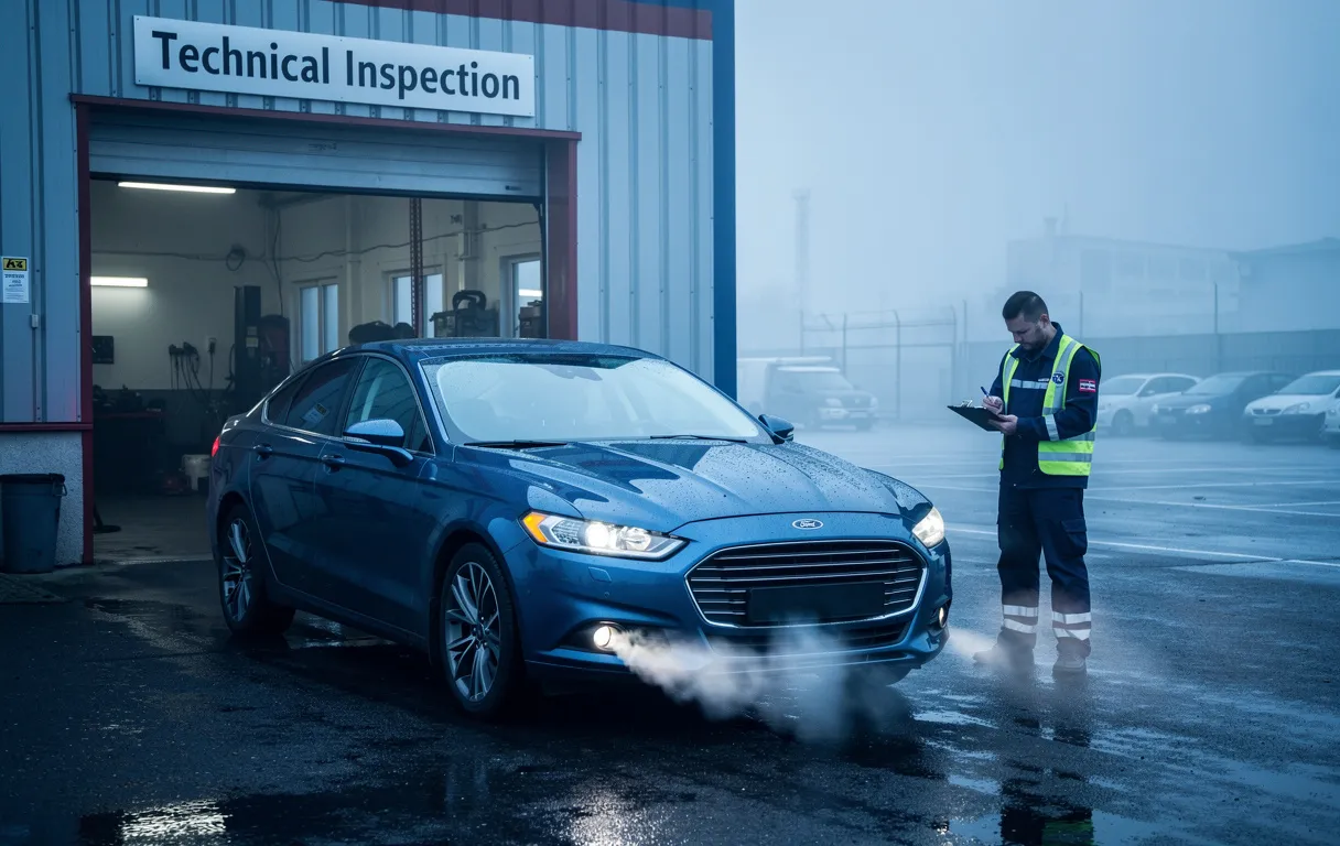 Une voiture garée devant un garage de contrôle technique par un matin brumeux, avec des fumées d’échappement visibles et un mécanicien consultant une tablette.