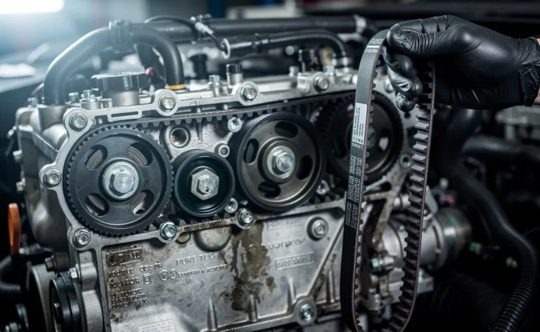 Un mécanicien ganté tient une courroie de distribution neuve près d’un moteur 1.2 PureTech exposé dans un atelier.