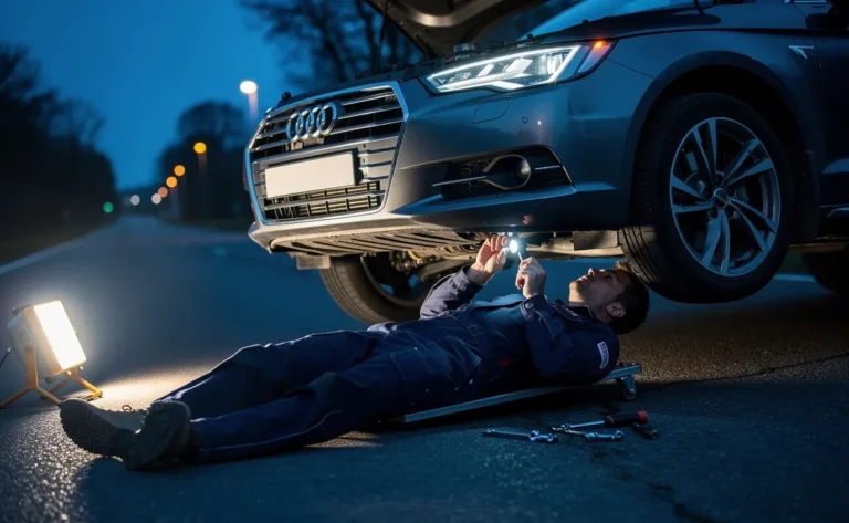 Un mécanicien examine la transmission d'une voiture garée sur le bord de la route au crépuscule, capot entrouvert.