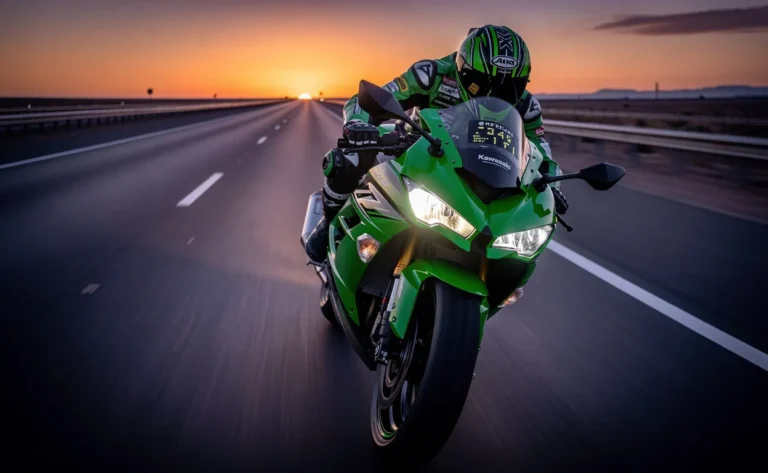 La Kawasaki ZX-6R 2024 roule à grande vitesse sur une autoroute vide au crépuscule, sa carrosserie verte brillant sous la lumière.