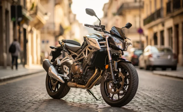 Une moto QJ Motor SRK 400 au design moderne est stationnée sur une rue européenne ensoleillée.