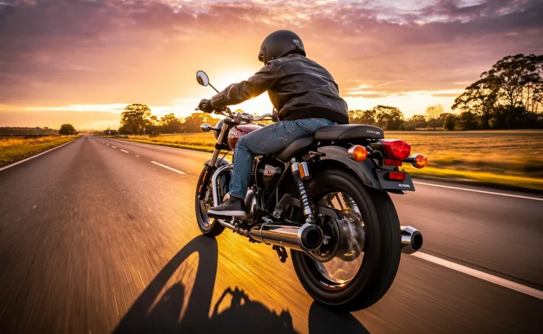 Une moto Royal Enfield Meteor 350 roule rapidement sur une route de campagne au coucher du soleil avec un effet de flou sur les roues.