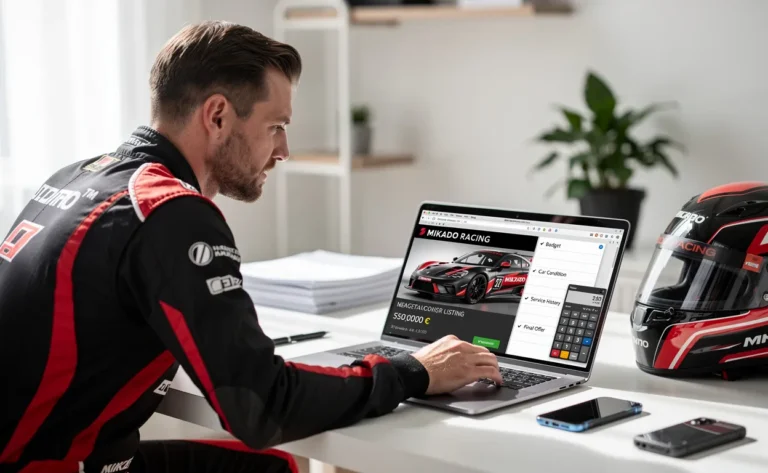 Un homme en tenue de course regarde attentivement une voiture Mikado Racing sur un ordinateur avec une liste de négociation et une calculatrice, dans un espace de travail moderne éclairé naturellement.