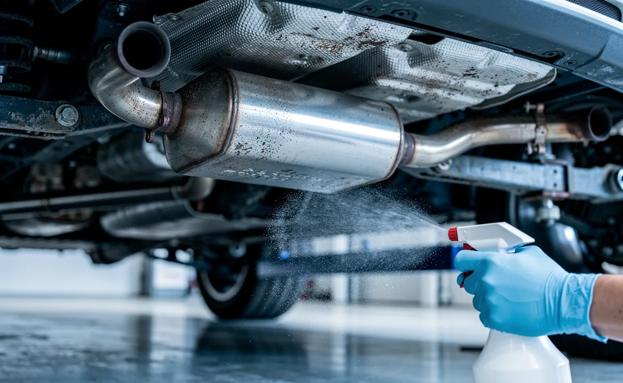 Un dessous de voiture reçoit un jet de produit nettoyant appliqué par une main gantée, avec le catalyseur en évidence dans un garage lumineux.