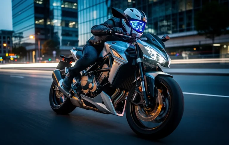 La moto Peugeot PM-01 roule sur une rue urbaine au crépuscule avec un tableau de bord numérique illuminé en bleu, dans une lumière dramatique.