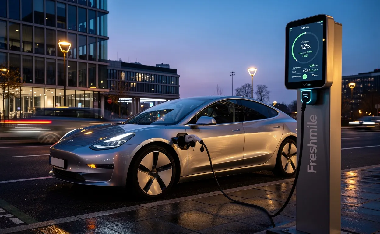 Une voiture électrique moderne se recharge à une borne Freshmile dans un décor urbain au crépuscule, avec un écran affichant le coût en temps réel sous un éclairage bleuté et jaune.