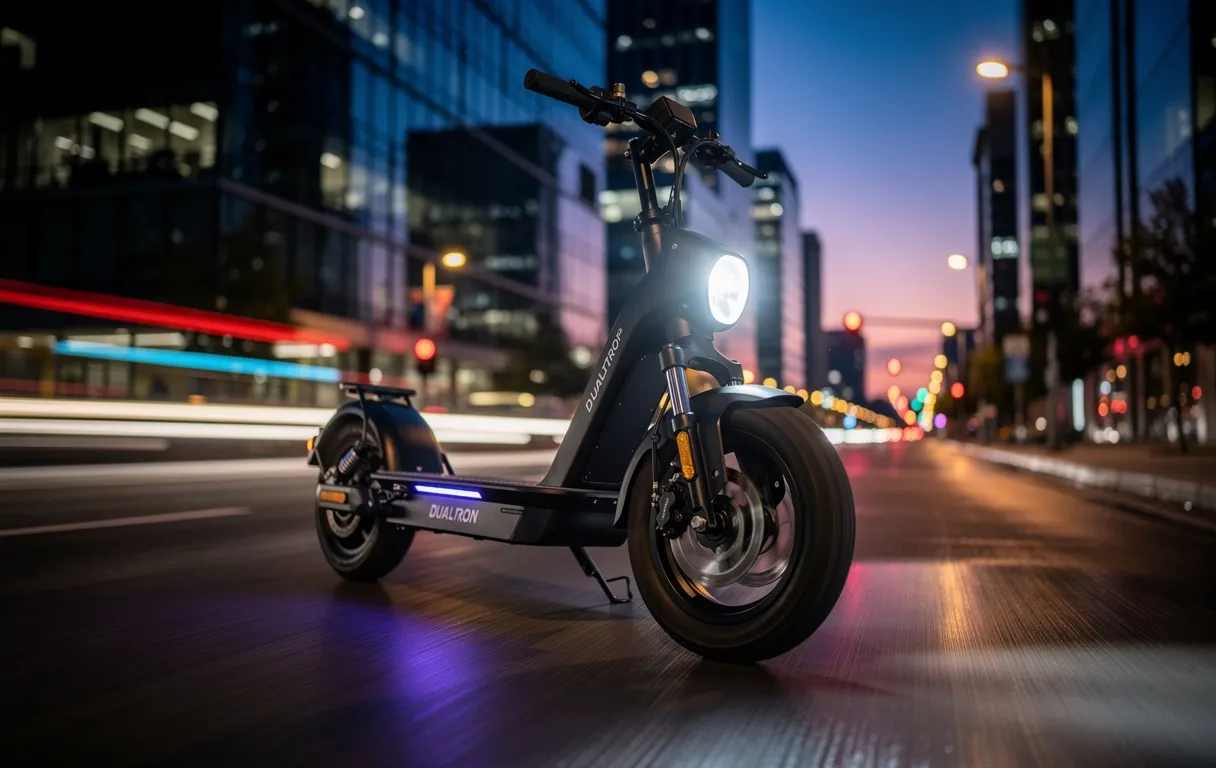Un scooter électrique Dualtron Pop roule sur une rue urbaine vide au crépuscule, avec ses phares allumés et des lumières de ville floues en arrière-plan.