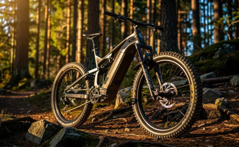 Un vélo électrique tout-terrain aux pneus larges est garé sur un sentier forestier sous une lumière naturelle traversant des pins.