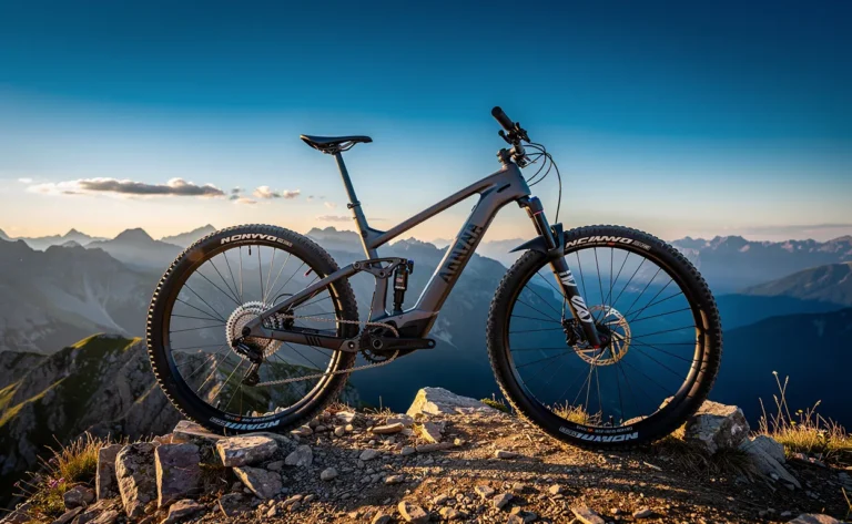 Un vélo électrique Canyon est posé sur un sentier rocheux devant un paysage montagneux sous un ciel bleu.