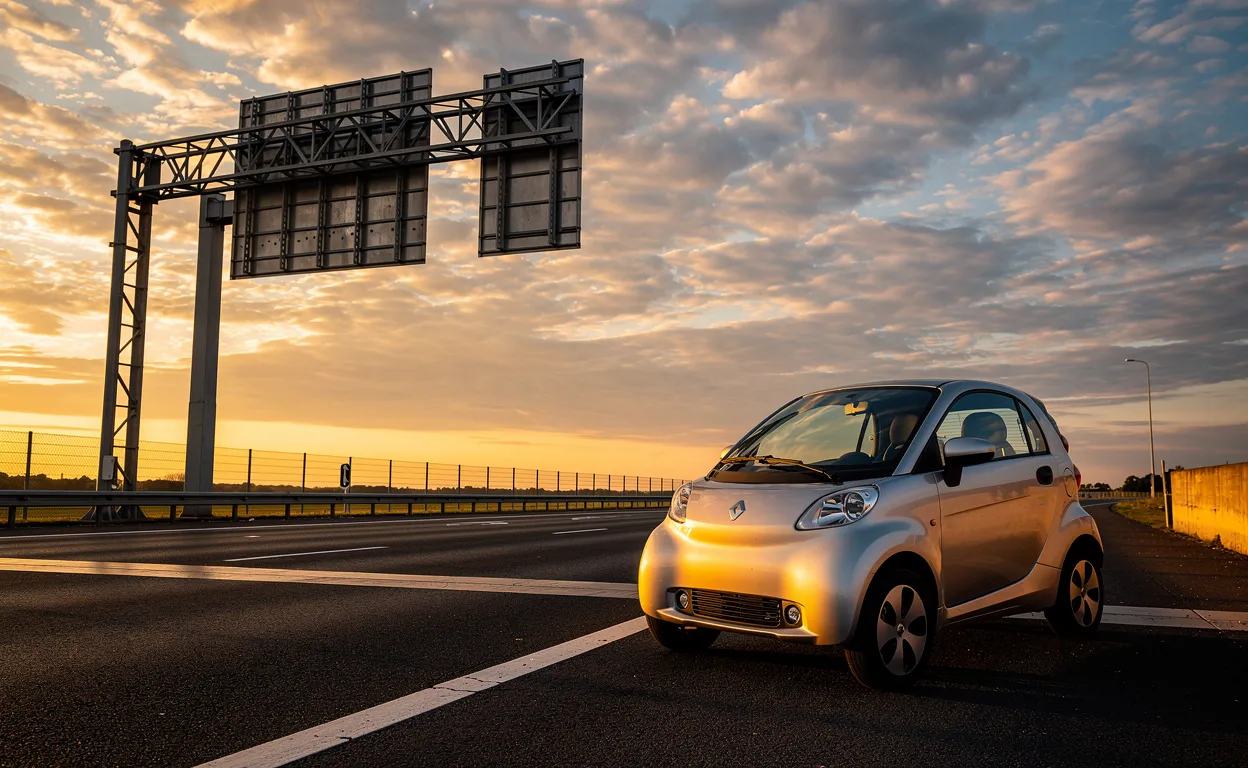 Une petite voiture sans permis est stationnée seule au bord d’une large route vide sous un ciel dramatique et des panneaux routiers, à la lumière dorée du soir.