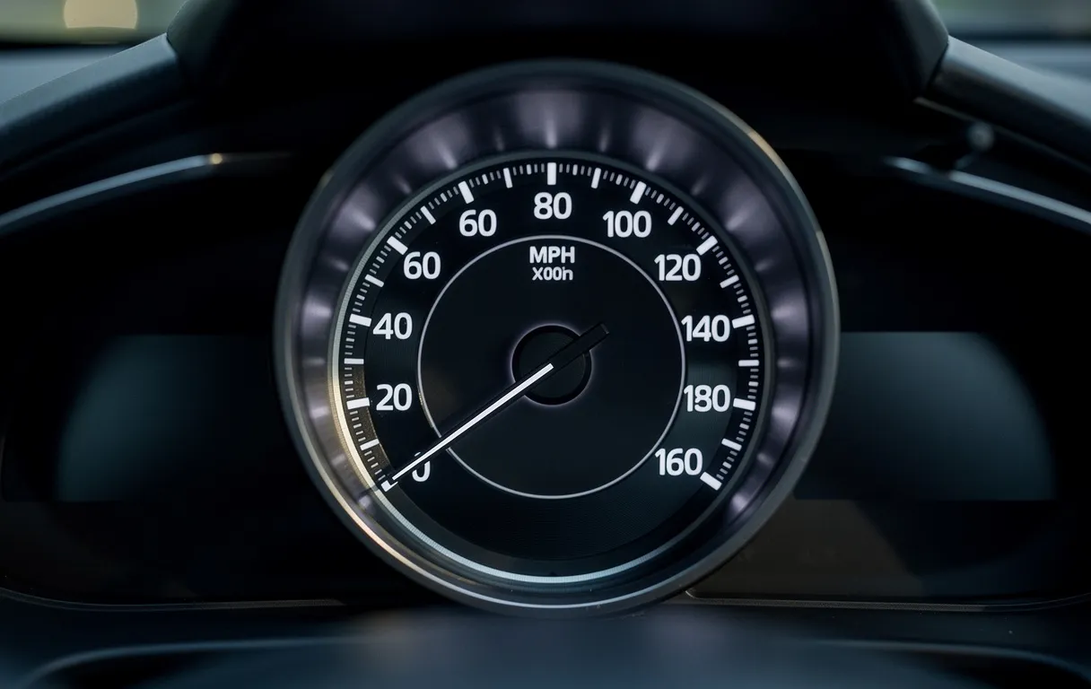 Un compteur de vitesse de voiture indique 40 mph, avec l'échelle en kilomètres par heure visible et un éclairage doux dans un habitacle sombre.