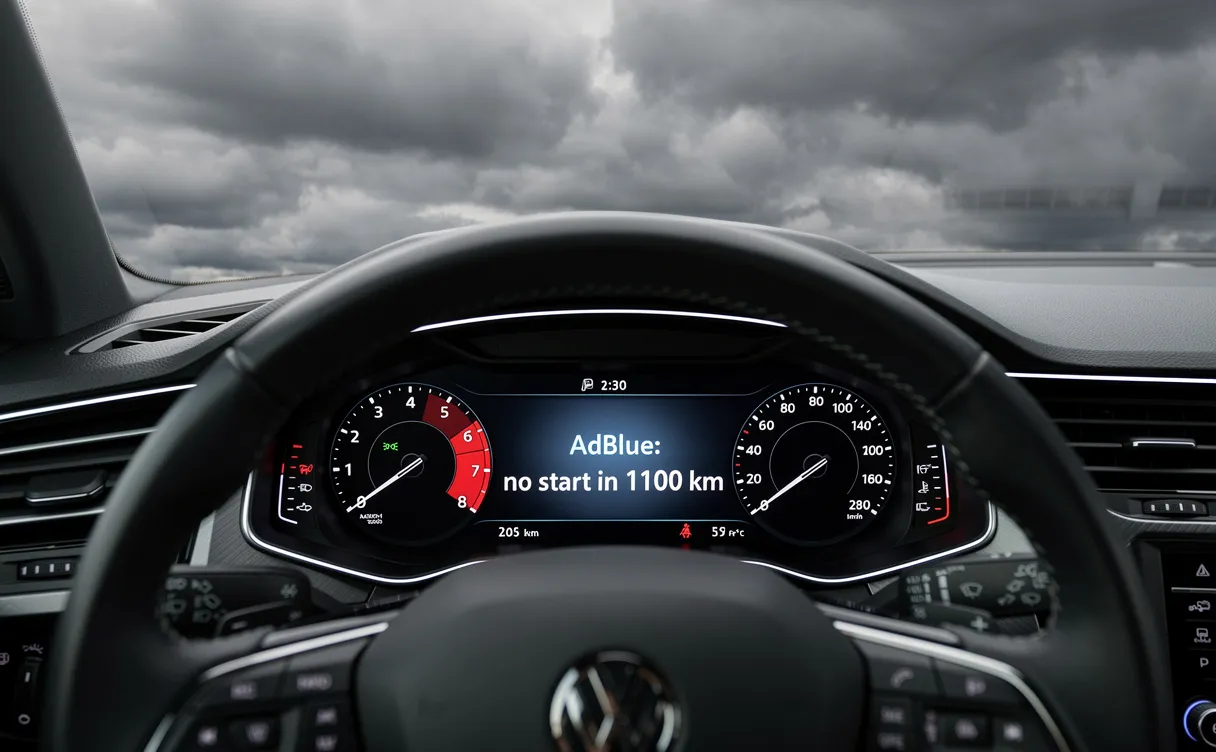 Tableau de bord moderne de voiture affichant un avertissement AdBlue "no start in 1100 km" avec une atmosphère tendue sous un ciel nuageux visible par le pare-brise.