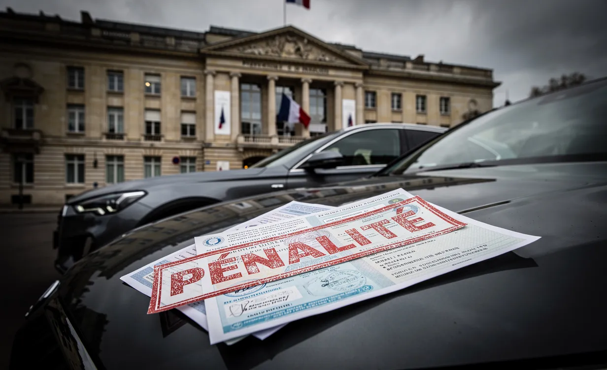 Une voiture d’occasion importée est garée devant un bâtiment administratif avec ses papiers d’immatriculation portant un tampon rouge visible sur le capot.