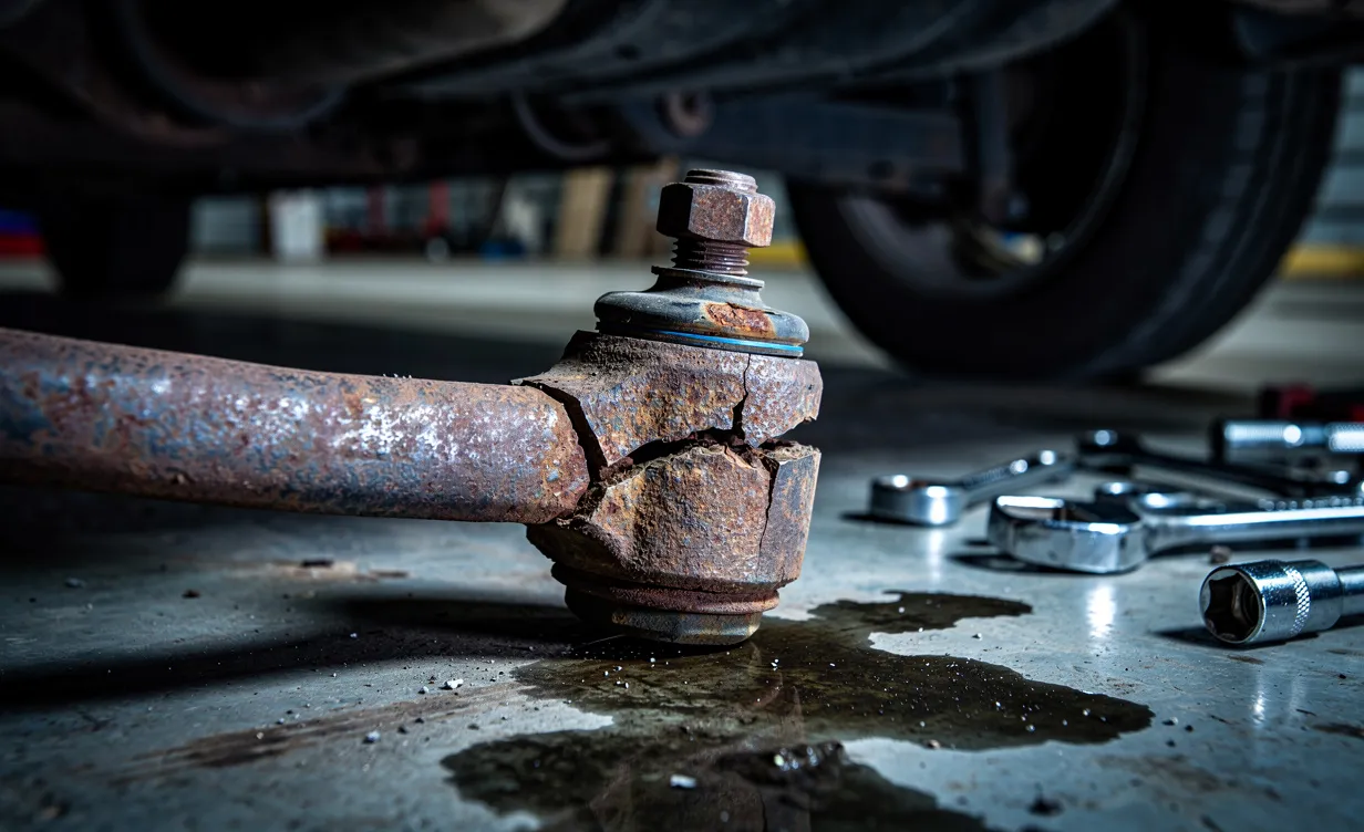 Un gros plan montre une biellette de barre stabilisatrice rouillée et cassée sous une voiture, posée sur le sol sombre d’un garage avec des outils épars.