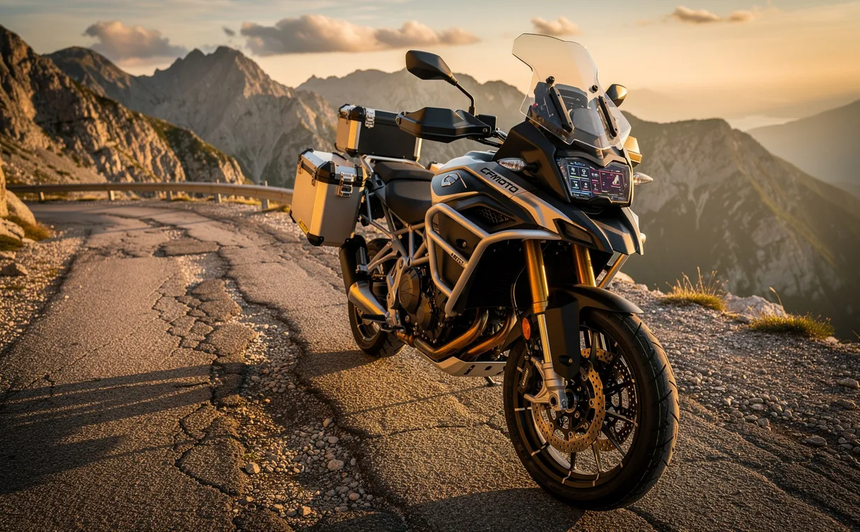 Une moto CFMOTO 1000 MT-X est stationnée sur une route montagneuse au crépuscule, avec son tableau de bord numérique allumé et des équipements brillants dans un paysage saisissant.
