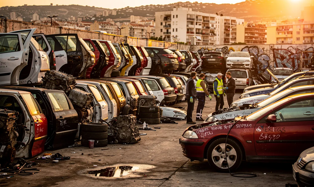 Un parc de récupération automobile à Marseille avec des pièces de voitures alignées, des véhicules usagés et un décor urbain sous une lumière dorée.