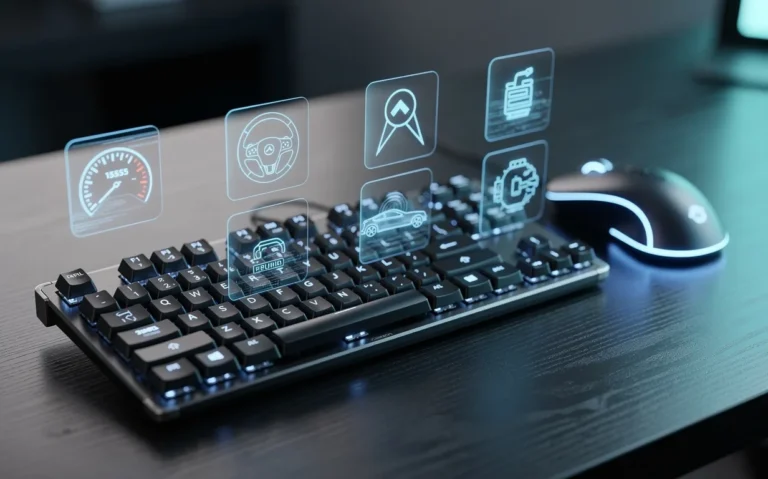 Clavier en forme de voiture entouré d’icônes numériques automobiles et d’une souris lumineuse sur un bureau moderne à la lumière bleutée.