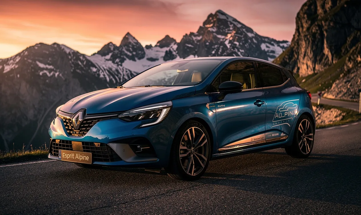 Une Renault Clio 5 Esprit Alpine bleue aux lignes sportives est garée sur une route de montagne au coucher du soleil.