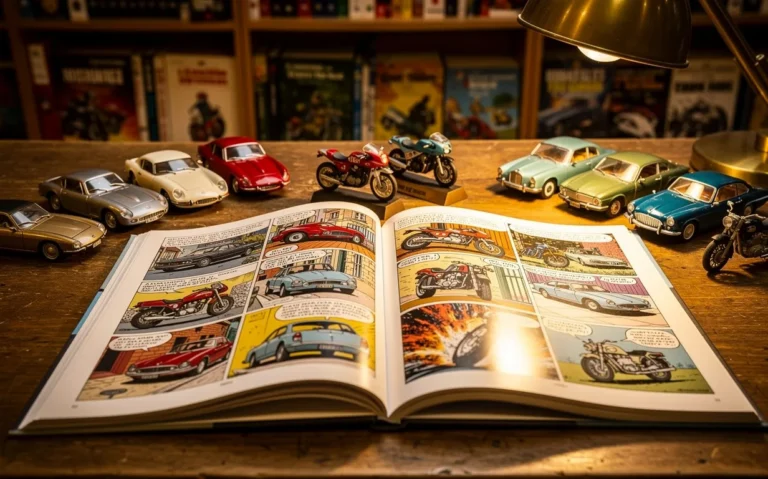 Table d’un collectionneur à la Librairie Lutèce avec une bande dessinée auto-moto ouverte et des miniatures de voitures et motos anciennes, sous un éclairage chaleureux.
