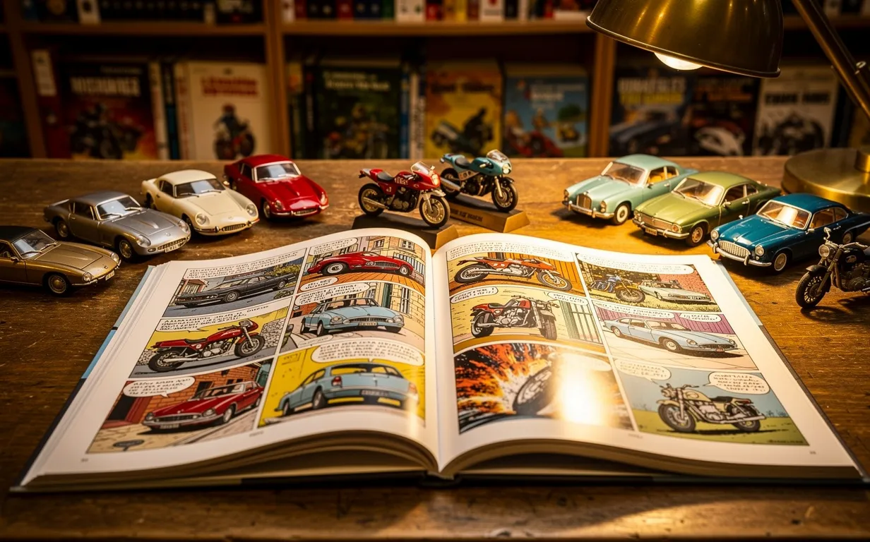 Table d’un collectionneur à la Librairie Lutèce avec une bande dessinée auto-moto ouverte et des miniatures de voitures et motos anciennes, sous un éclairage chaleureux.