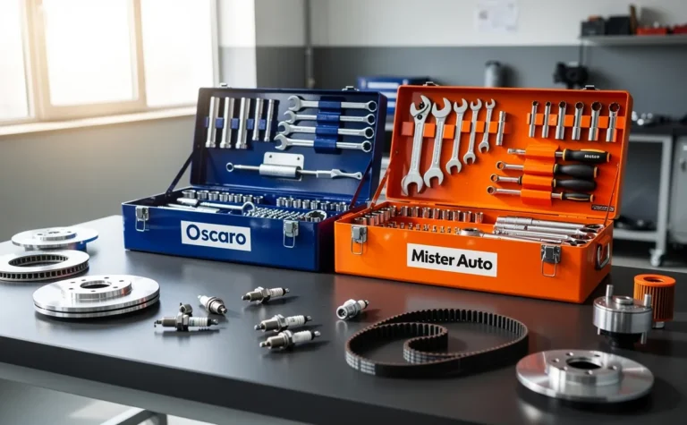 Deux boîtes à outils étiquetées Oscaro et Mister Auto sont posées sur une table d’atelier avec des pièces automobiles et de la lumière du jour entrant par une grande fenêtre.
