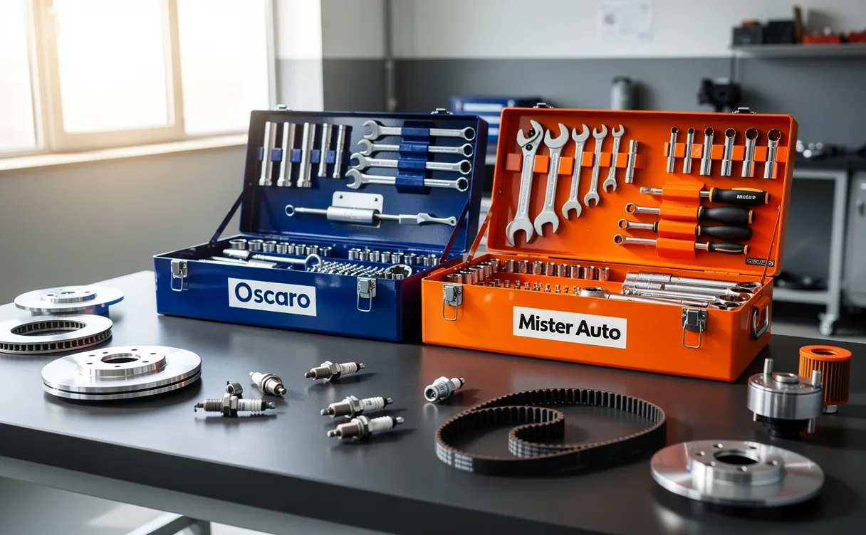 Deux boîtes à outils étiquetées Oscaro et Mister Auto sont posées sur une table d’atelier avec des pièces automobiles et de la lumière du jour entrant par une grande fenêtre.