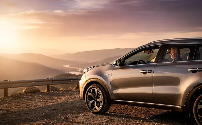 Un Kia Sportage moderne stationné sur un belvédère au coucher du soleil, reflet d’un conducteur satisfait dans la vitre.