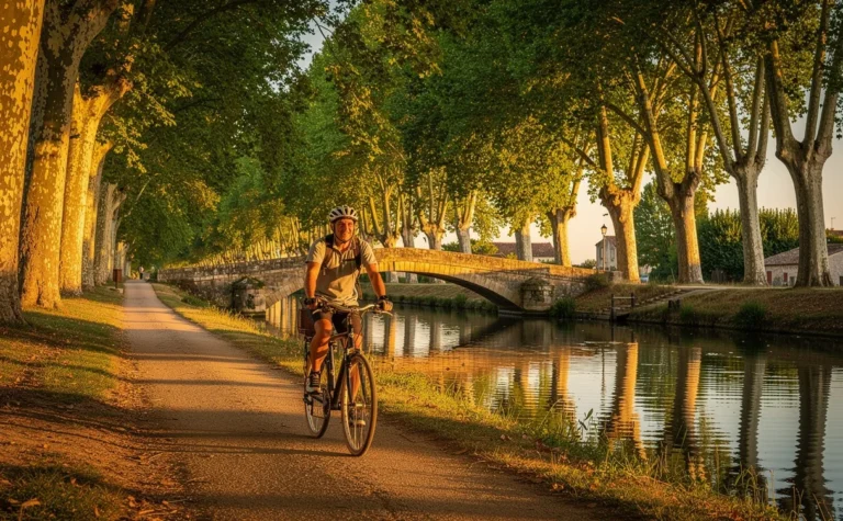 Un cycliste paisible longe le Canal du Midi bordé de platanes et d’eaux calmes sous la lumière dorée, avec un pont de pierre en arrière-plan.