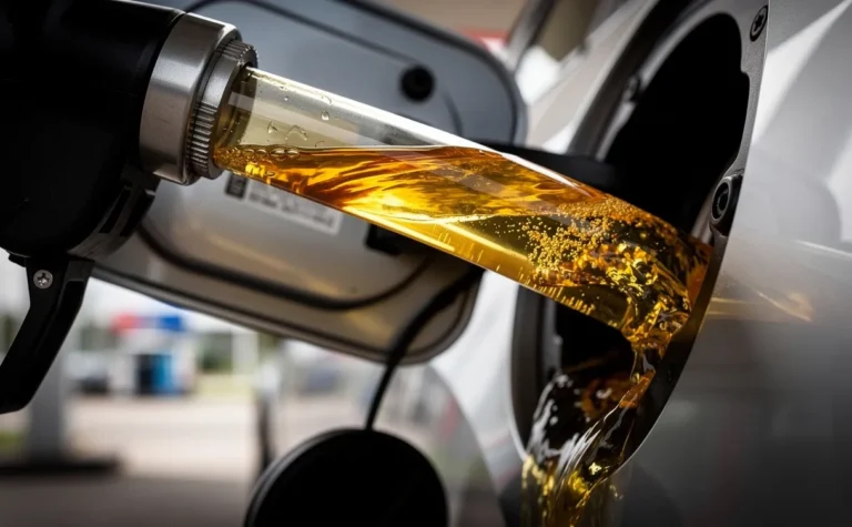 Un pistolet de carburant transparent verse du diesel B7 doré dans le réservoir d'une voiture moderne, avec des bulles et particules visibles dans le liquide.
