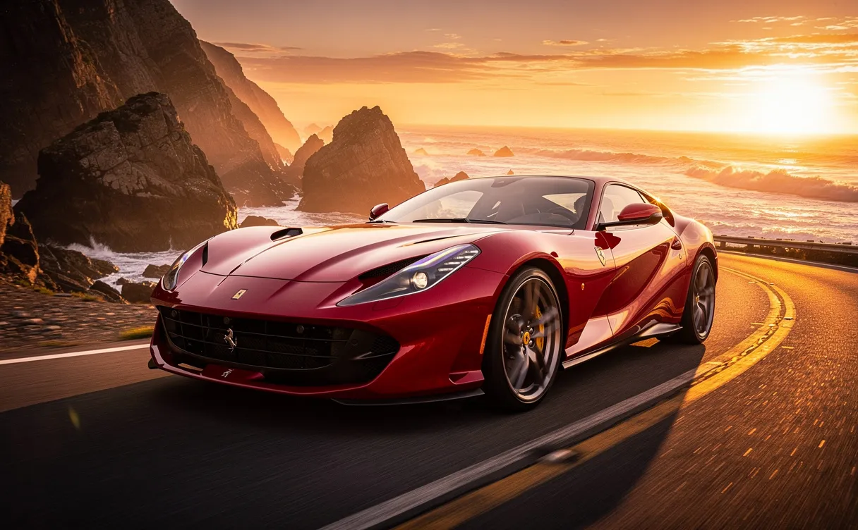 Une Ferrari 812 Superfast rouge roule rapidement sur une route côtière sinueuse au coucher du soleil, éclairée par une lumière dorée.