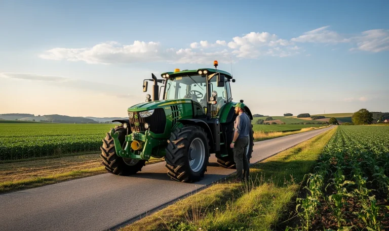 Un individu se tient près d’un tracteur moderne sur une route de campagne bordée de champs sous un ciel clair.