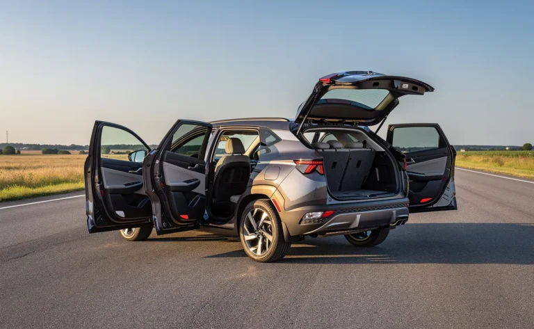 Un Hyundai Tucson 2023 stationné sur une route déserte, avec les portières et le coffre ouverts montrant un intérieur spacieux sous un ciel dégagé.