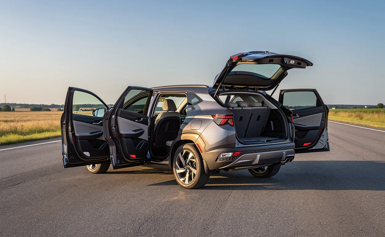 Un Hyundai Tucson 2023 stationné sur une route déserte, avec les portières et le coffre ouverts montrant un intérieur spacieux sous un ciel dégagé.