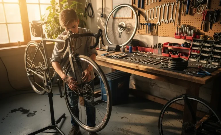 Un jeune apprend à réparer un vélo dans un atelier baigné de lumière, entouré d’outils et de pièces disposés sur un établi en bois.