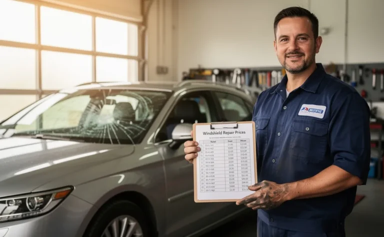 Un mécanicien se tient près d’une voiture moderne au pare-brise fissuré, tenant une tablette avec les tarifs de réparation, dans un atelier éclairé par la lumière du jour.
