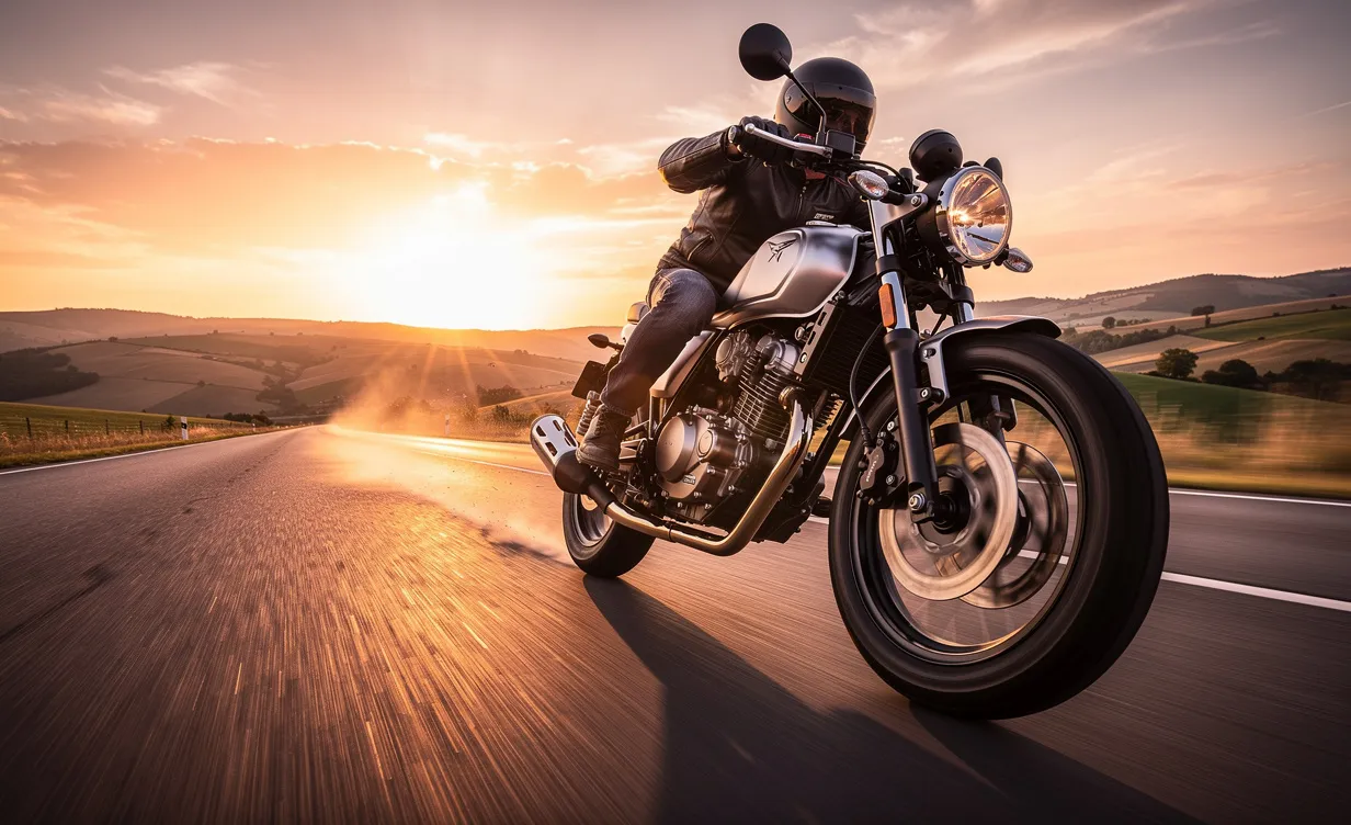Une moto Zontes 125 Scrambler roule rapidement sur une route ouverte au coucher du soleil, avec des reflets métalliques dorés et un arrière-plan flou soulignant le mouvement.