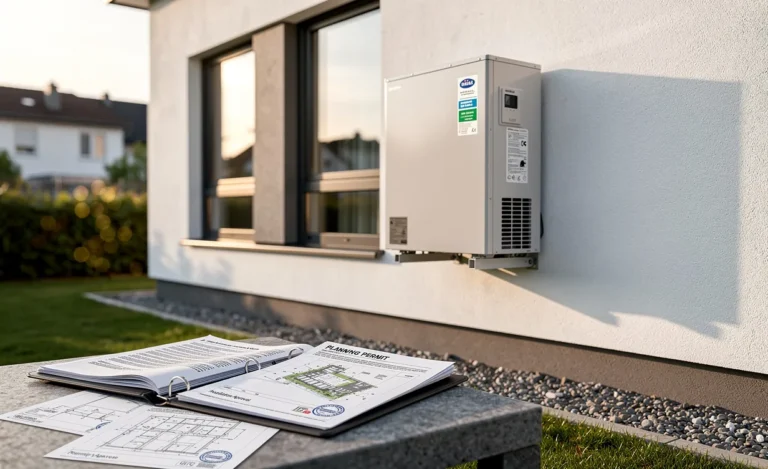 Une pompe à chaleur moderne est installée discrètement sur le côté d'une maison contemporaine, avec des documents d'urbanisme visibles à proximité sous une lumière douce de fin d’après-midi.
